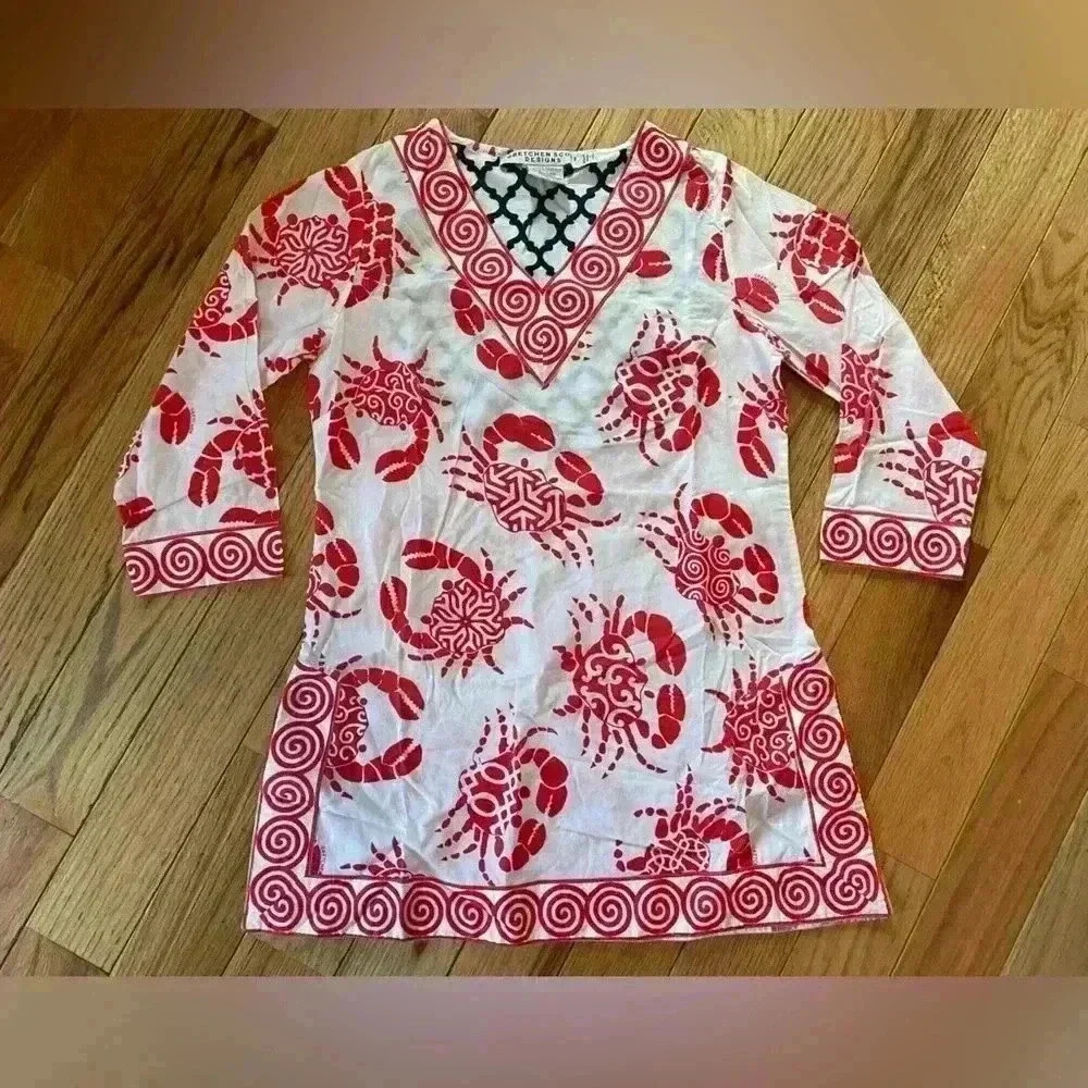 Gretchen Scott Tunic Top Womens Size XS 3/4 Sleeves Crab Print Red/White V Neck